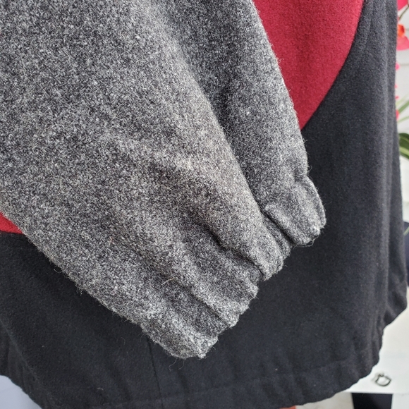 Vintage Leslie Fay Wool Blend Black Gray Maroon Hooded Boho Bomber Jacket XL - Picture 6 of 14